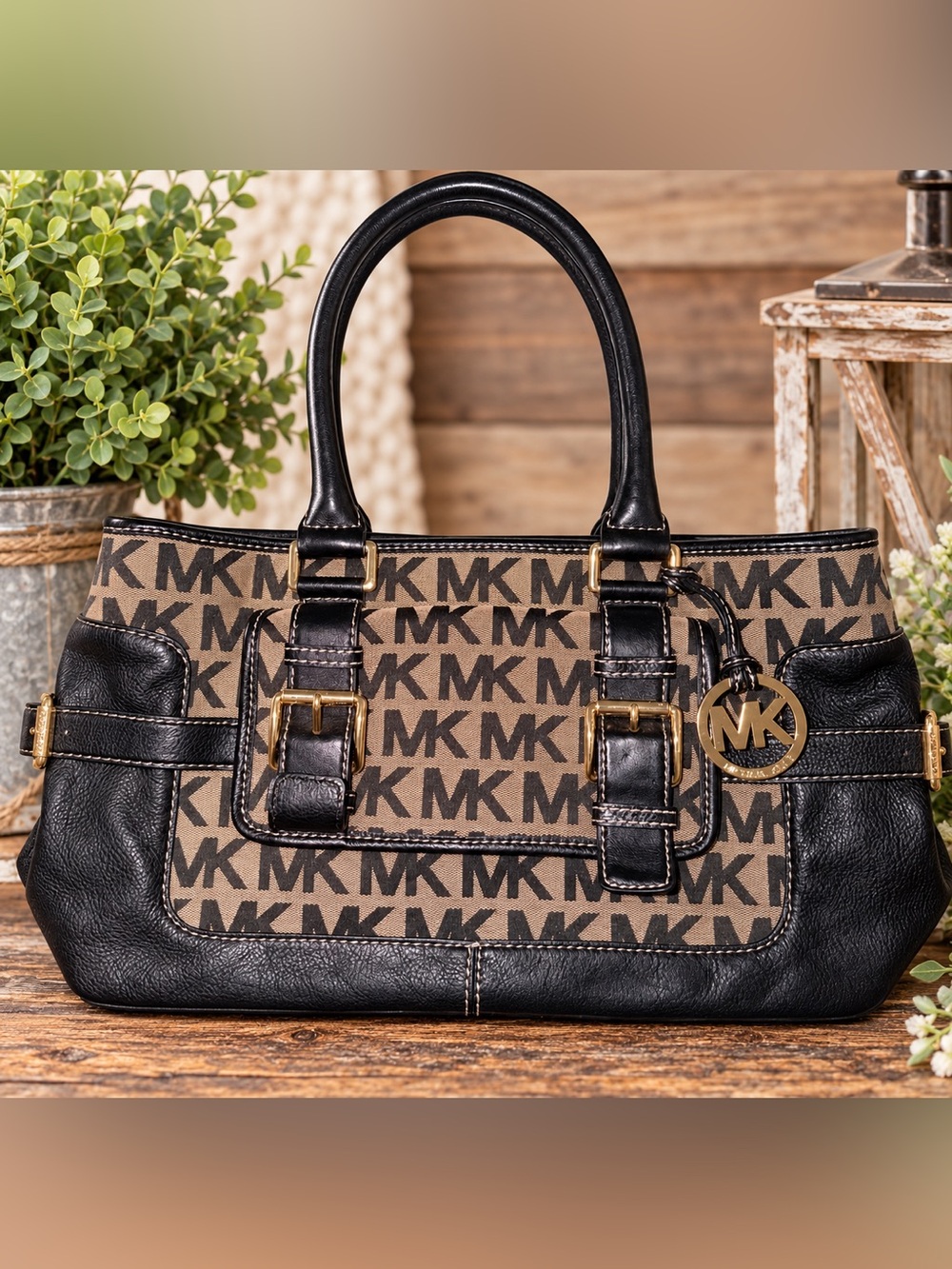 Michael Kors Bedford Signature Jacquard Satchel Black Beige MK Monogram